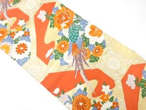 尾長鳥に牡丹・菊・桔梗模様織り出し　袋帯